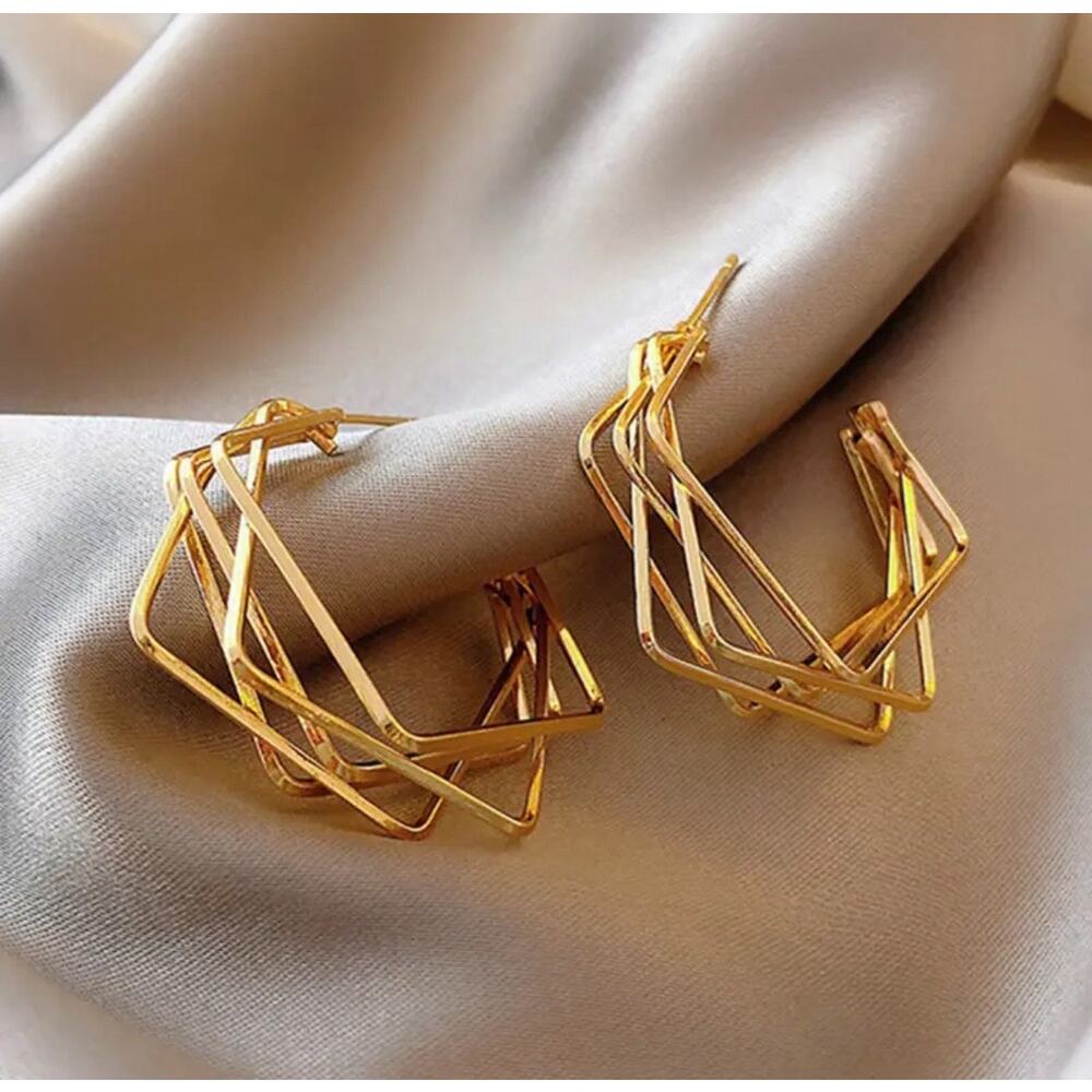 18K Golden Plated Big Multilayer Geometric Hoop Huggie Earrings Unique Design